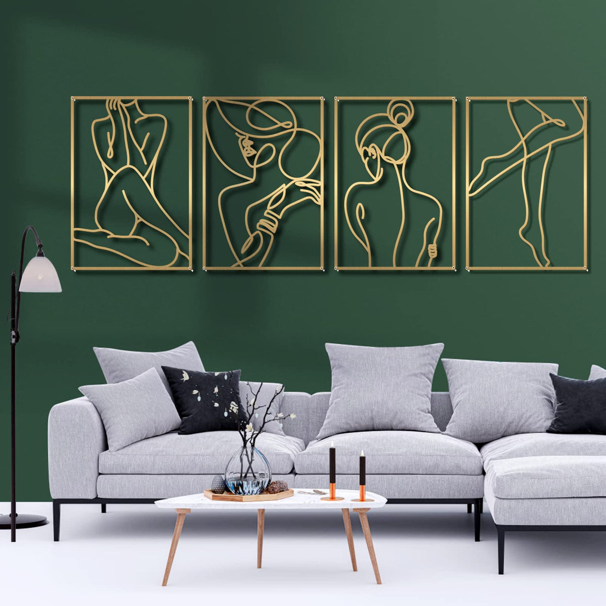Glamativity 4 Pack Gold Wall Art Decor, Minimalist Single Line Real Metal Wall Art, Woman's Body Shape Abstract Wall Art (Gold Classic Style, 17 x 11.8'')