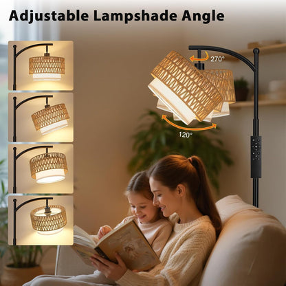 Ambimall Arc Floor Lamp with Remote & Rattan Double Shades, Black Rustic
