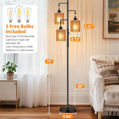 Hotsonic 72" Boho Rattan Tree Floor Lamp, Tall Dimmable Industrial Standing Lamp, Corner Decor Accent Lighting for Living Room, Bedroom, Dining Room, Nursery, Cafe (3 x 800LM Bulbs Included) - Black