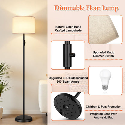 【Upgraded】 Dimmable Floor Lamp for Living Room,1000 Lumens Bulb Included, Modern Floor Lamps Simple Design with Linen Shade, Tall Standing Lamp for Bedroom Office Dining Room, Black Pole Lamp
