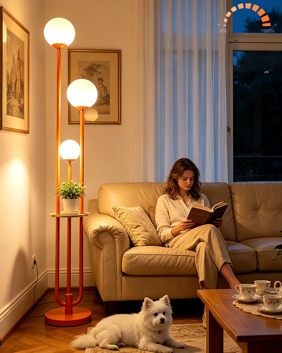 Lightdot 63IN Orange Floor Lamp with Shelf Mid Century Modern Tall Standing Lamps with 3000K Warm White Bulb Included Dimmable Globe Floor Lamp with 5Lbs Heavy Base for Living Room/Party/Corner Decor