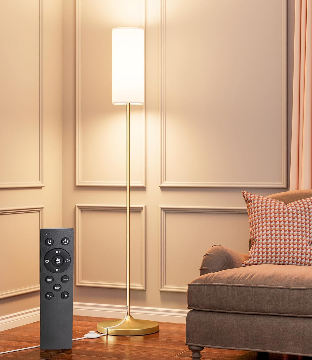 USTO Dimmable Floor Lamp with Remote,12W Led Bulb and Foot Switch, Black