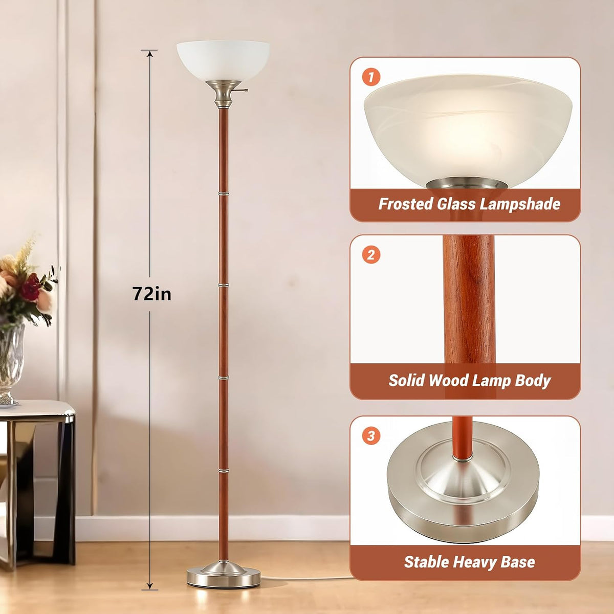 EJIAXIN 72" Wood Torchiere Floor Lamp with Glass Shade Nikel Standing Lamp