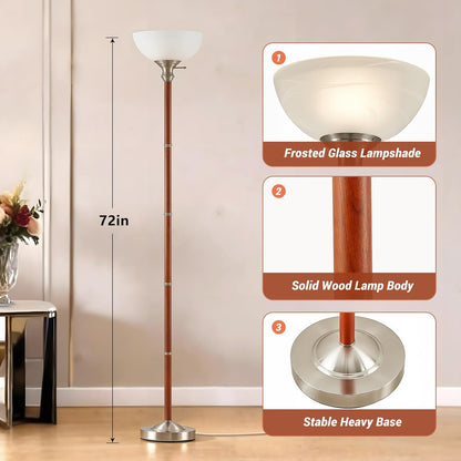 EJIAXIN 72" Wood Torchiere Floor Lamp with Glass Shade Nikel Standing Lamp