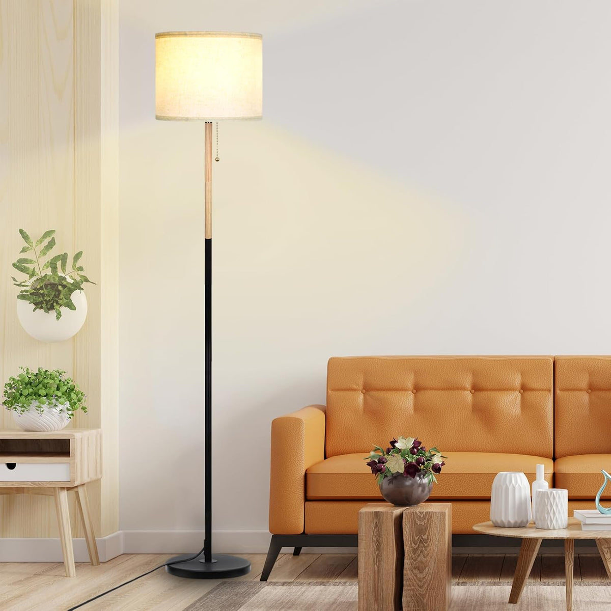 LALISU Bedroom Standing Floor Lamp with Linen Shade,White+ Wood Black Pole