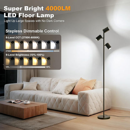 4000LM LED Tree Floor Lamp, 36W Super Bright Reading Lamp with Remote, Dimmable Tall Standing Light with 3 Rotatable Heads & 6 Color Temperatures, Modern Floor Lamps for Living Room Bedroom Office