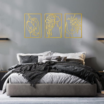 AGIOTA 3 Pcs Gold Metal Wall Decor, Minimalist Floral Women Line Drawing Wall Art, Elegant Abstract Lady Silhouette Metal Wall Hanging for Home Bedroom Living Room