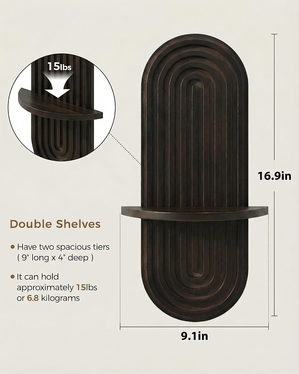 Bamworld Boho Wall Decor Plant Wall Shelf Wooden Plant Holder Walnut