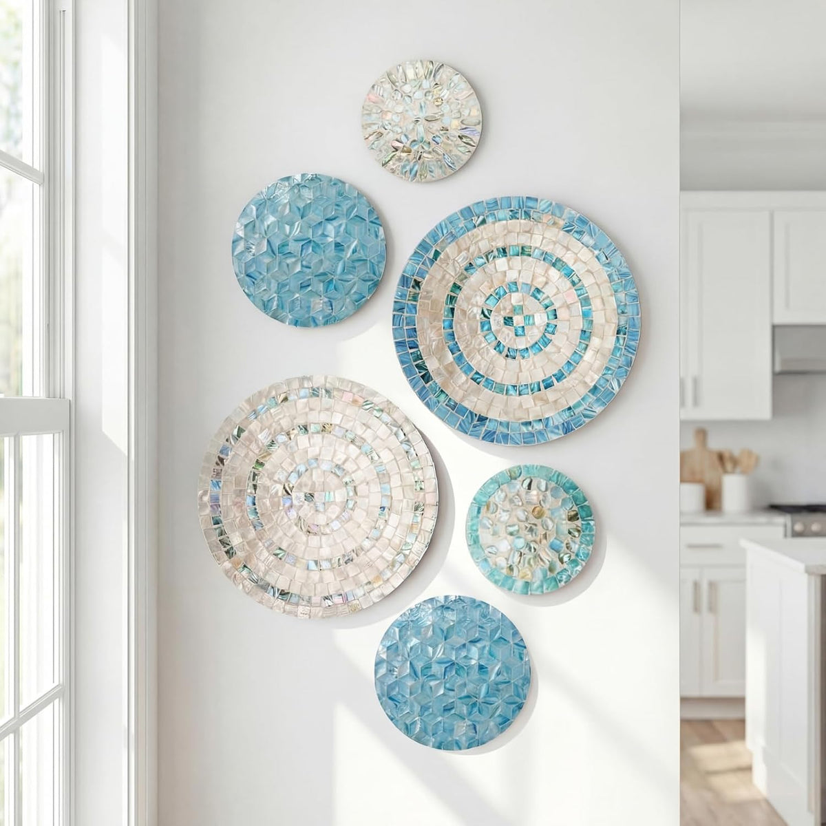 Novabright 6 Pcs Shell Wall Decor 11.8 Inches Natural Mother of Pearl Shell Plate Coastal Wall Art Mosaic Sculpture Handmade Hanging Plates Arts for Bedroom Bathroom Home Office Hotel