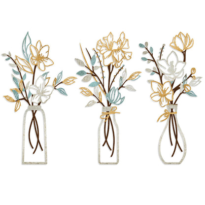 ARTINME 3 Pieces Metal Flowers Wall Arts - Rustic Farmhouse Decor Minimalist Flower Wall Decors for Living room Bathroom Kitchen Bedroom Dining Room - Housewarming Gifts (Brown)