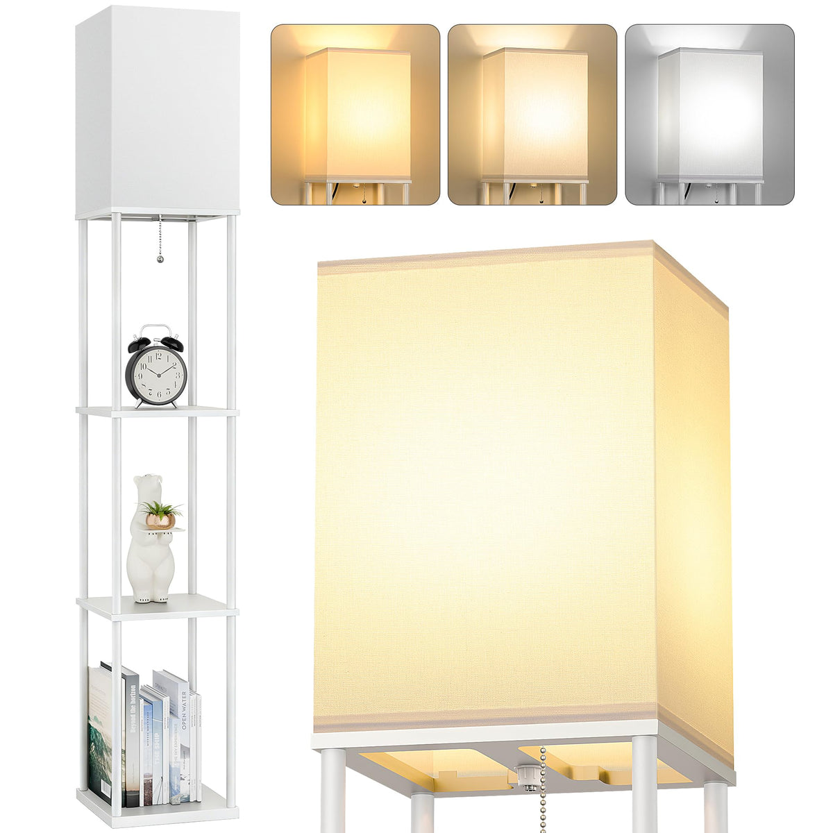 Floor Lamp with Shelves, 3-Tier Modern Square Bookshelf Standing Lamp Black