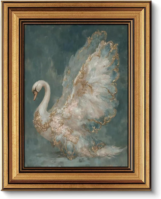 okudolit Gold Framed Vintage Swan Canvas Wall Art Print Luxury Animal Oil Painting Graceful Bird Artwork Picture Baroque Wall Decor for Living Room Bedroom and Office 8"x10"