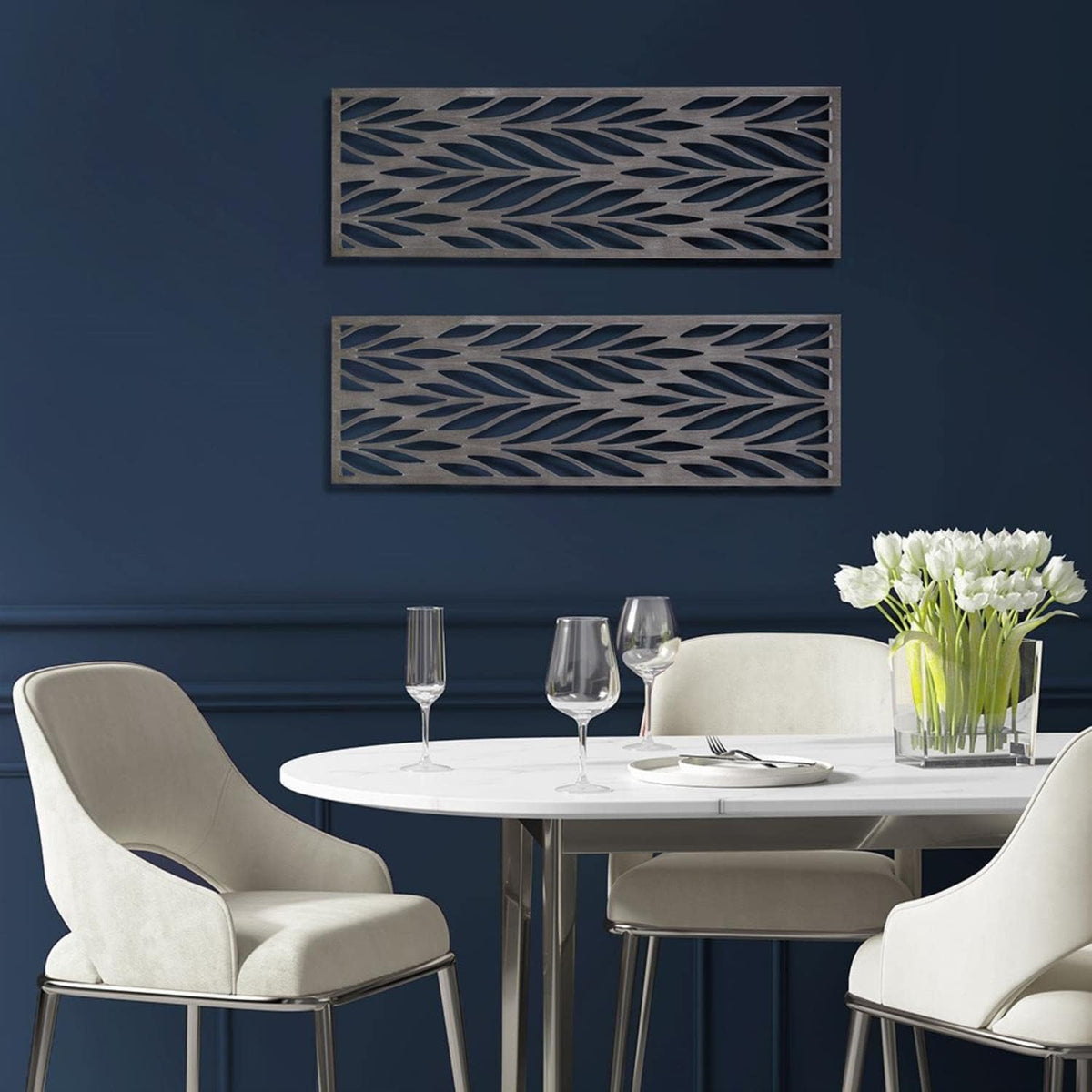 Madison Park Florian Wall Art - Carved Wooden Botanical Leaves Framed, Natural Sheen Finish - Modern Décor for Living Room, Ready to Hang Bedroom Decoration, 12"W x 36"H x 1"D, Reclaimed Grey 2 Piece