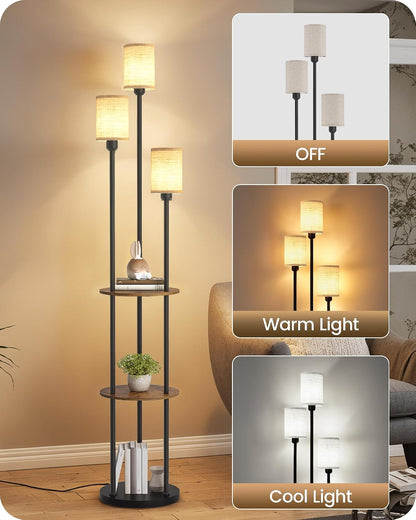 70.9" Floor Lamp with Shelves, Modern Floor Lamp with 3 Linen Shades and Foot Switch, 3-Light Standing Lamp, for Living Room, Bedroom, Study, Office, Rustic Brown and Beige EF53LD05