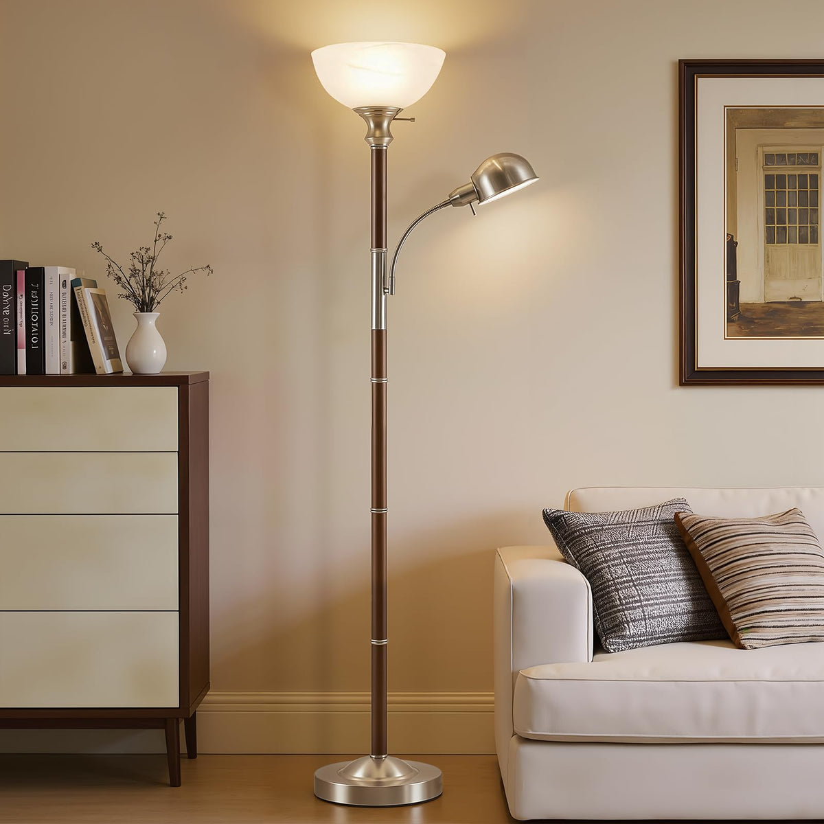 EJIAXIN 72" Wood Torchiere Floor Lamp with Glass Shade Nikel Standing Lamp