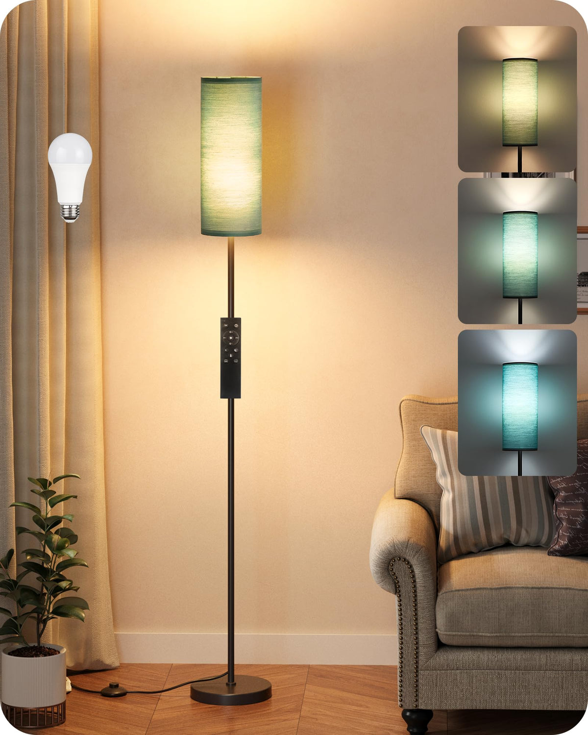 64.4” Slim Floor Lamp for Living Room with Magnetic Remote and Foot Switch, Dimmable Standing Tall Lamp Mood for Bedroom Nursery, 3 Color Temperatures, 1-Hour Timer,900LM Bulb Included,Beige E06LD05W1
