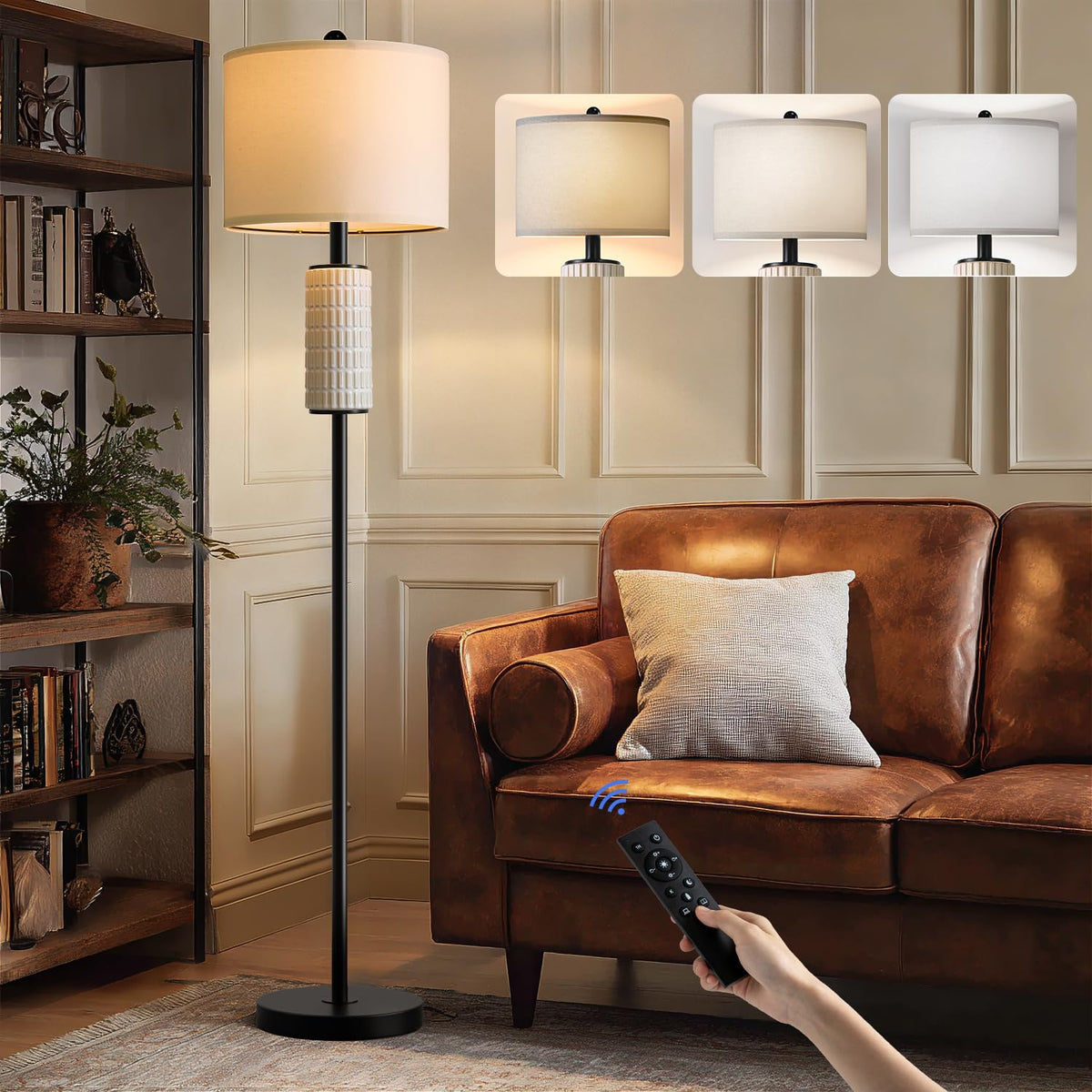 PoKat Silver Ceramic Floor Lamp for Living Room Bedroom, 64" Modern Tall Standing Lamp with Rotary Switch, Traditional Living Room Lamp for Corner, Home Office, Nursery
