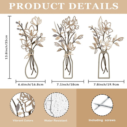 ARTINME 3 Pieces Metal Flowers Wall Arts - Rustic Farmhouse Decor Minimalist Flower Wall Decors for Living room Bathroom Kitchen Bedroom Dining Room - Housewarming Gifts (Brown)