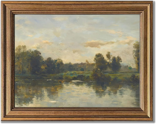 Gold Framed Green Landscape Canvas Wall Art Moody Cottagecore Wall Decor