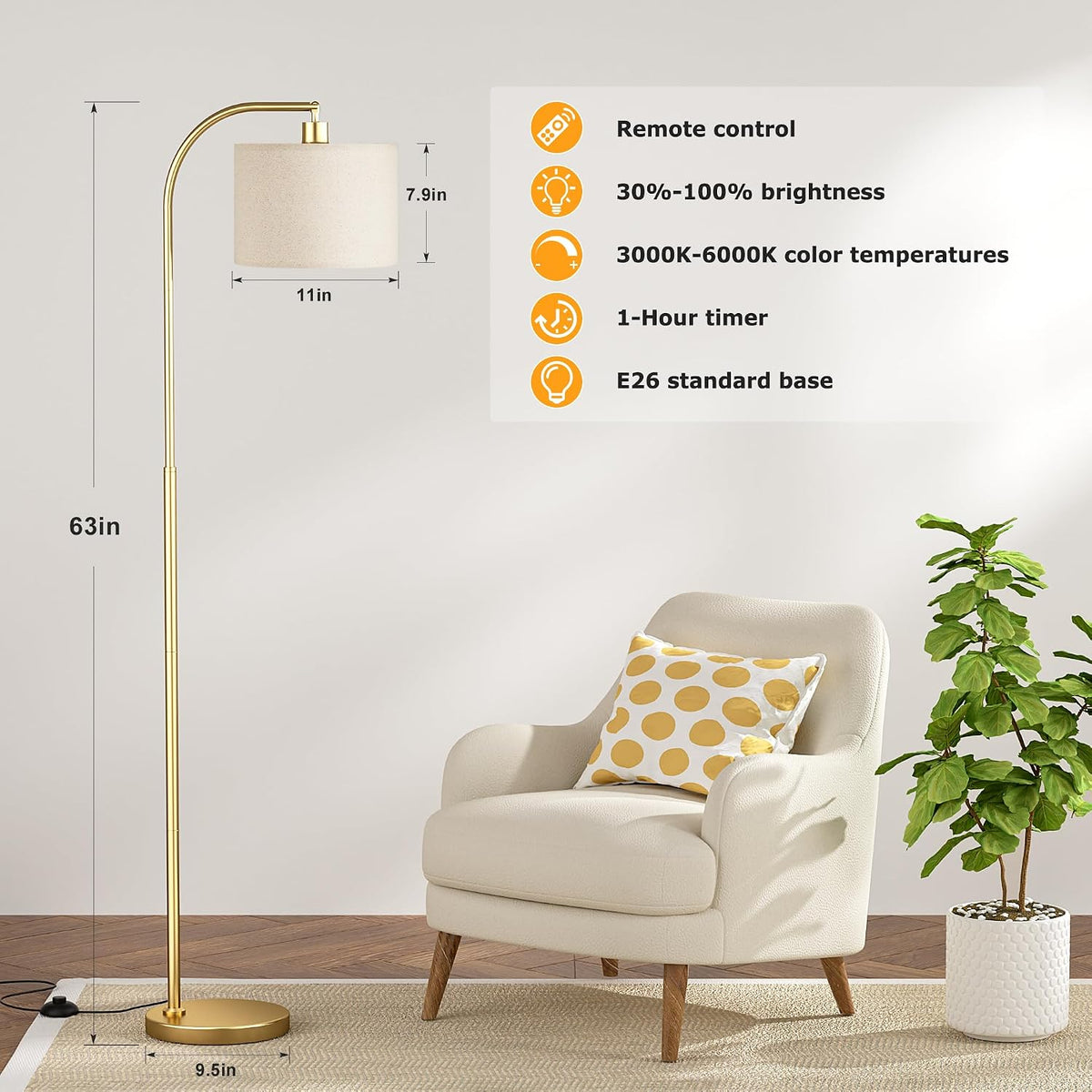 Ambimall Arc Floor Lamp with Remote and Stepless Dimmable Bulb, Colors Temperature & Brightness Adjustable, Gold Floor Lamps for Living Room(Deep Beige Shade & Gold Pole)