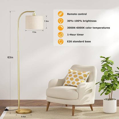 Ambimall Arc Floor Lamp with Remote and Stepless Dimmable Bulb, Colors Temperature & Brightness Adjustable, Gold Floor Lamps for Living Room(Deep Beige Shade & Gold Pole)