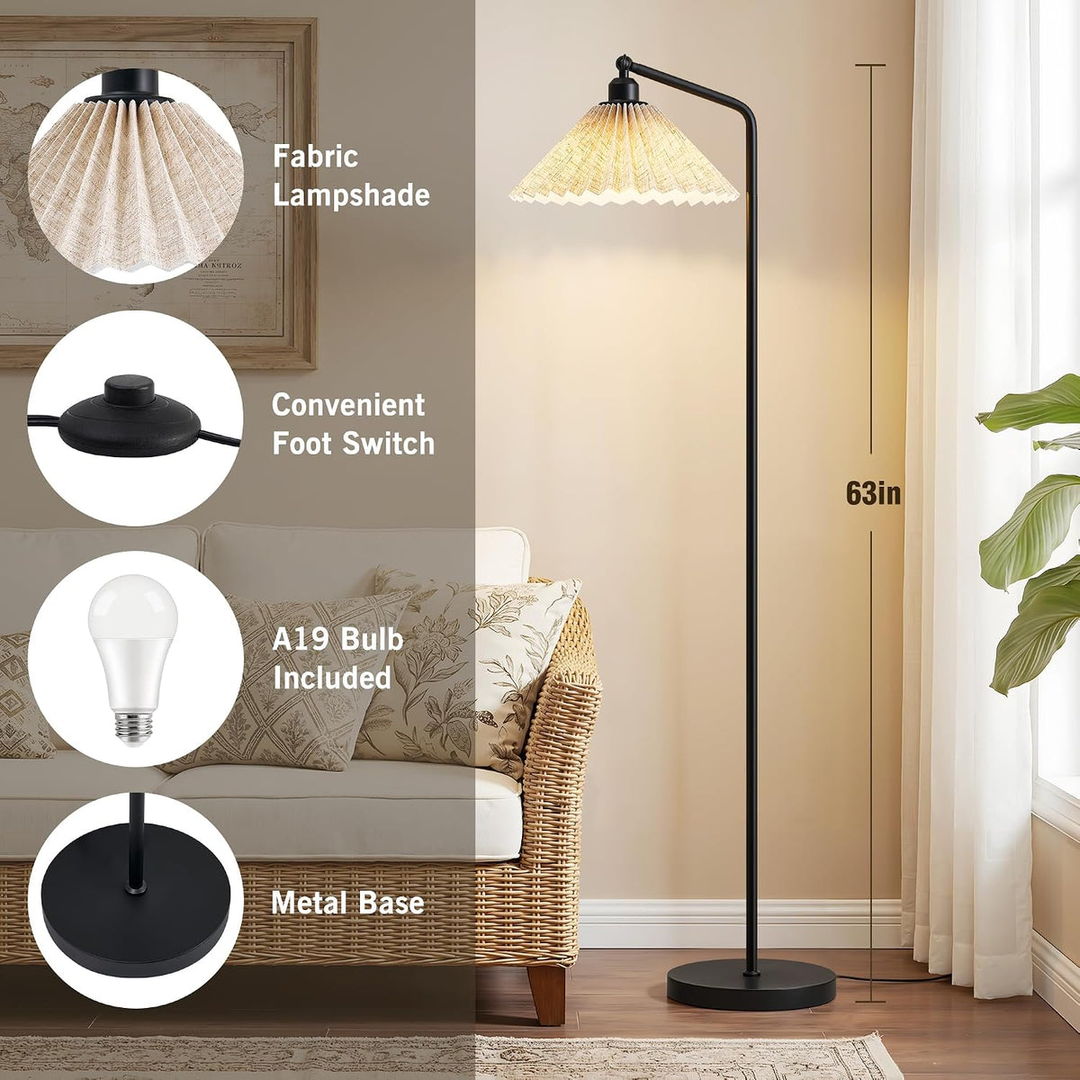 Floor Lamps for Living Room & Bedroom, 63" Modern Tall Standing Lamp, 3CCT