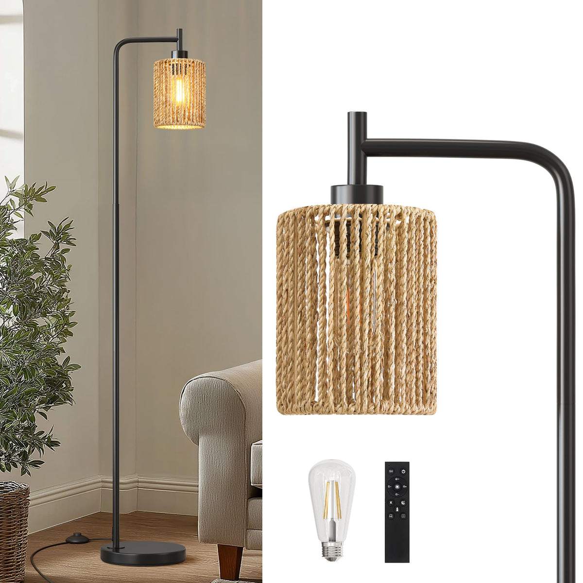 Oneach 66" Gold Floor Lamp for Living Room, Boho Floor Lamp with LED Bulb, Foot Switch, Rattan Shade, Industrial Tall Farmhouse Standing Lamp for Bedroom, Dining Room, Study Room, Office