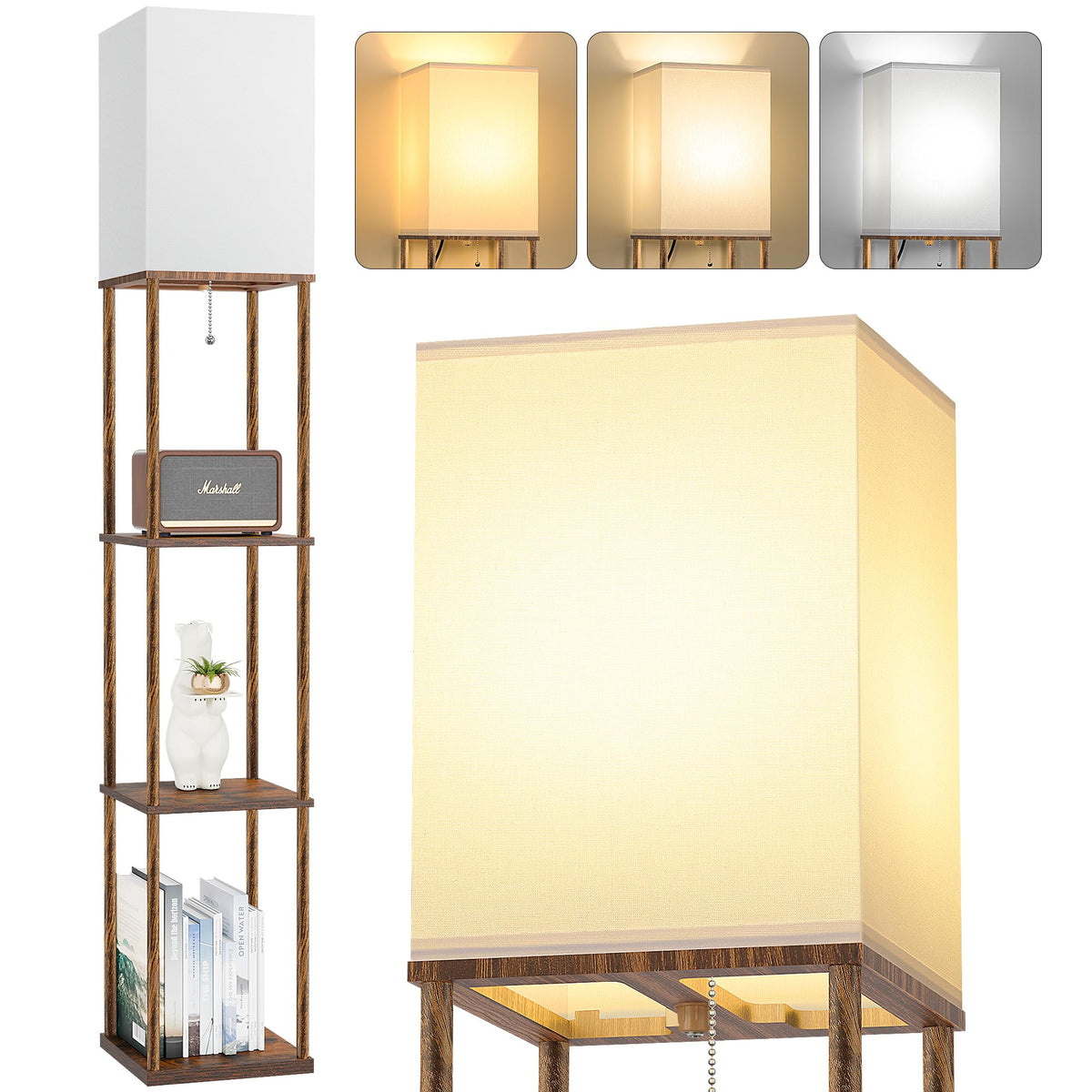 Floor Lamp with Shelves, 3-Tier Modern Square Bookshelf Standing Lamp Black
