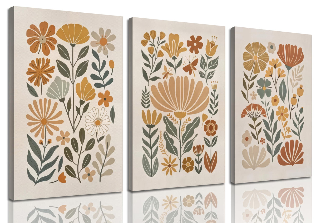 3Pcs Boho Abstract Floral Wall Art Minimalist WildFlower Wall Decor Pictures Modern Botanical Warm Earthy Tones Canvas Posters Prints for Living Room Bedroom Office Home Decoration 12x16in Unframed