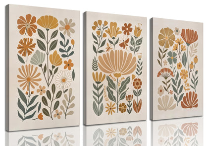 3Pcs Boho Abstract Floral Wall Art Minimalist WildFlower Wall Decor Pictures Modern Botanical Warm Earthy Tones Canvas Posters Prints for Living Room Bedroom Office Home Decoration 12x16in Unframed