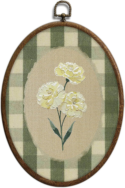 Flower Oval Wall Art, Green Gingham Oval Cottage wall Decor, Retro Botanical Grandma Cottage Core Home Decor for Western Farmhouse Bedroom Living Room, Home Retro Decor Products, 7x10 Inches, 15