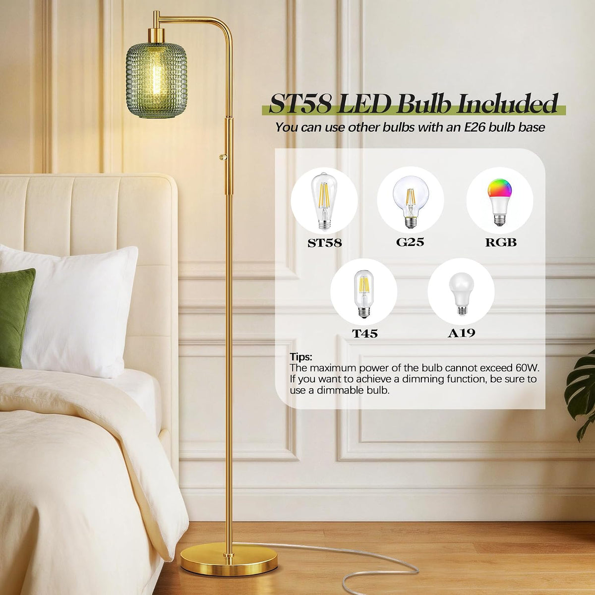 Modern Gold Green Floor Lamps for Living Room, 67" Bedroom Standing Lamp