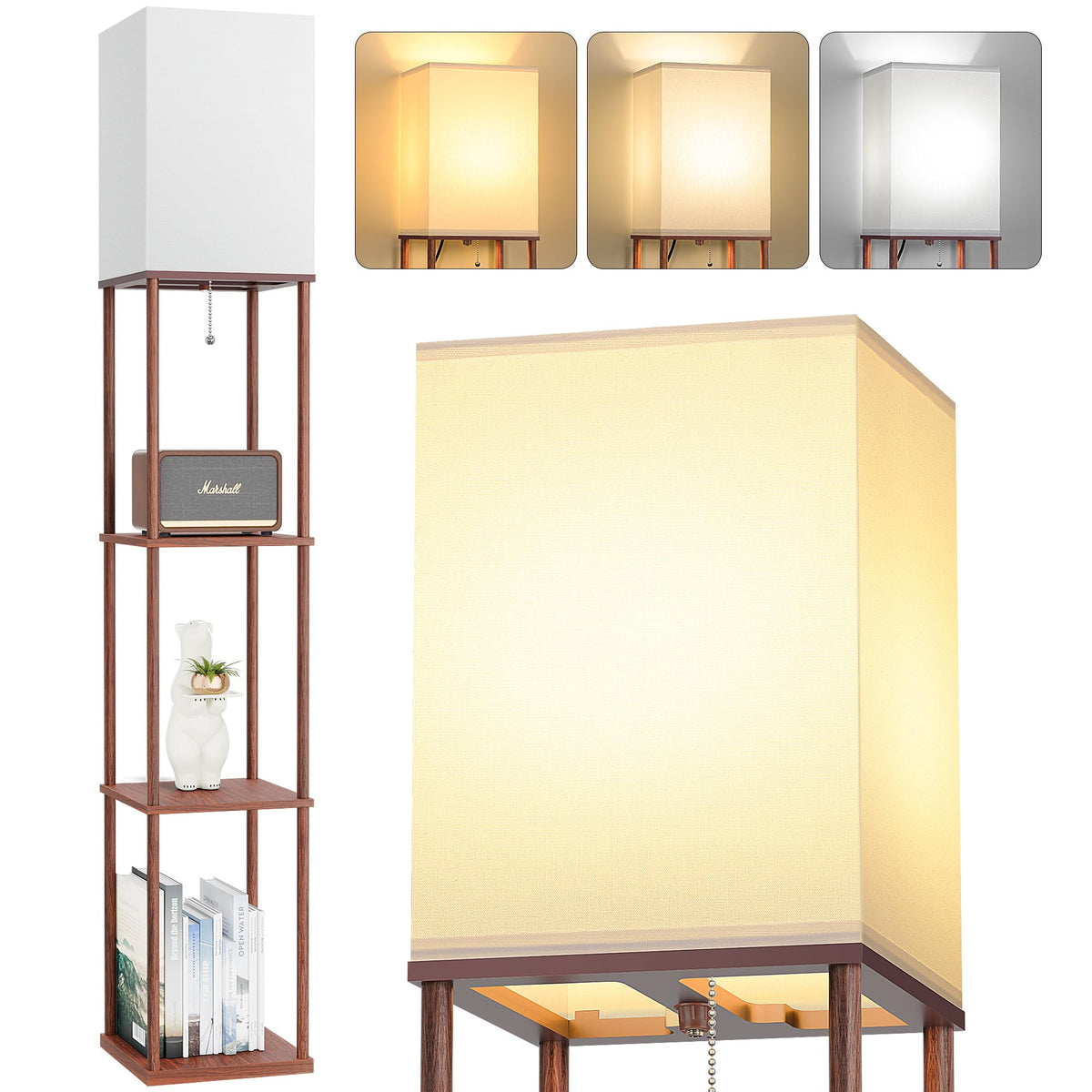 Floor Lamp with Shelves, 3-Tier Modern Square Bookshelf Standing Lamp Black