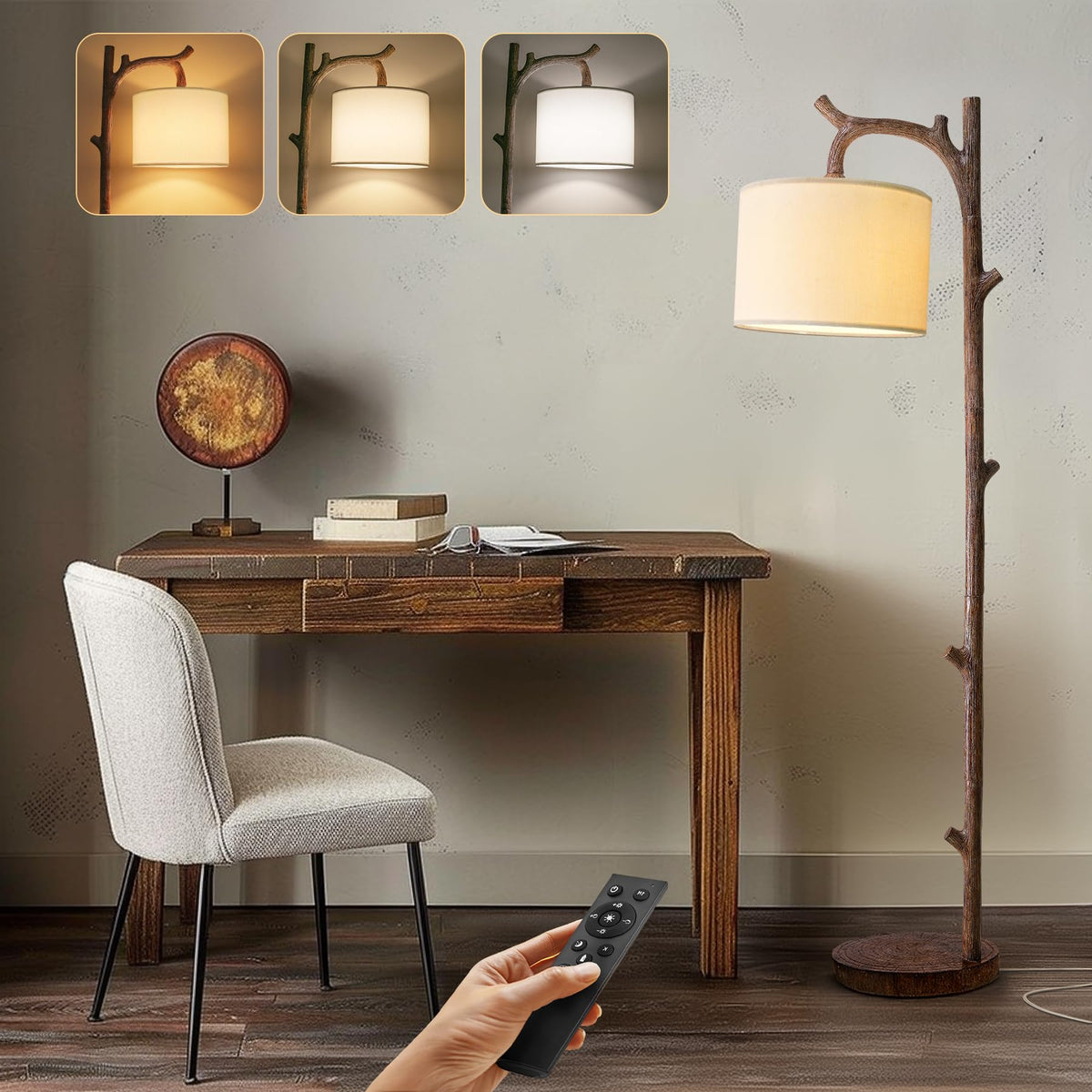 OYEARS Dimmable Farmhouse Floor Lamp for Living Room, 2-in-1 Rustic Floor Lamp with Main&Night Light,Linen Shade&Dual Switches, 65" Standing Lamp for Bedroom Office Corner Dining Room, Wood Pole Lamp