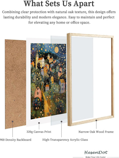 HesenDot Gustav Klimt Moon Stars Natural OAK Wood Framed Wall Art,12x16in