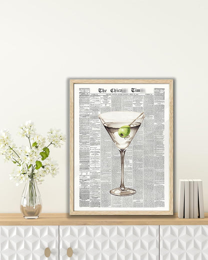 EcoHest 12x16 in Martini Newspaper Framed Wall Art for Bar Cart