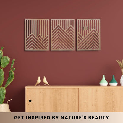 qmmp Modern Wooden Wall Sculptures - Set of 3 - Home Decor Accent - Large Wall Art for Living Room, Bedroom, Office - Easy Installation (Oak, Medium - Mountain and Sun)