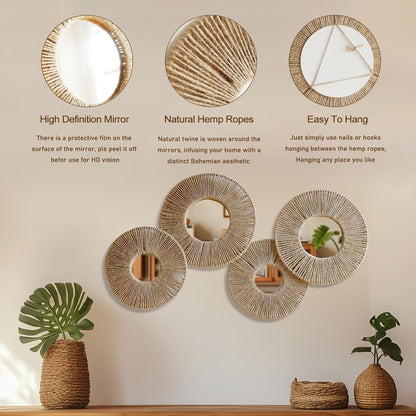 Artilady Hanging Baskets Wall Art with Mirror, 4Pcs Boho Coastal Wall Decor