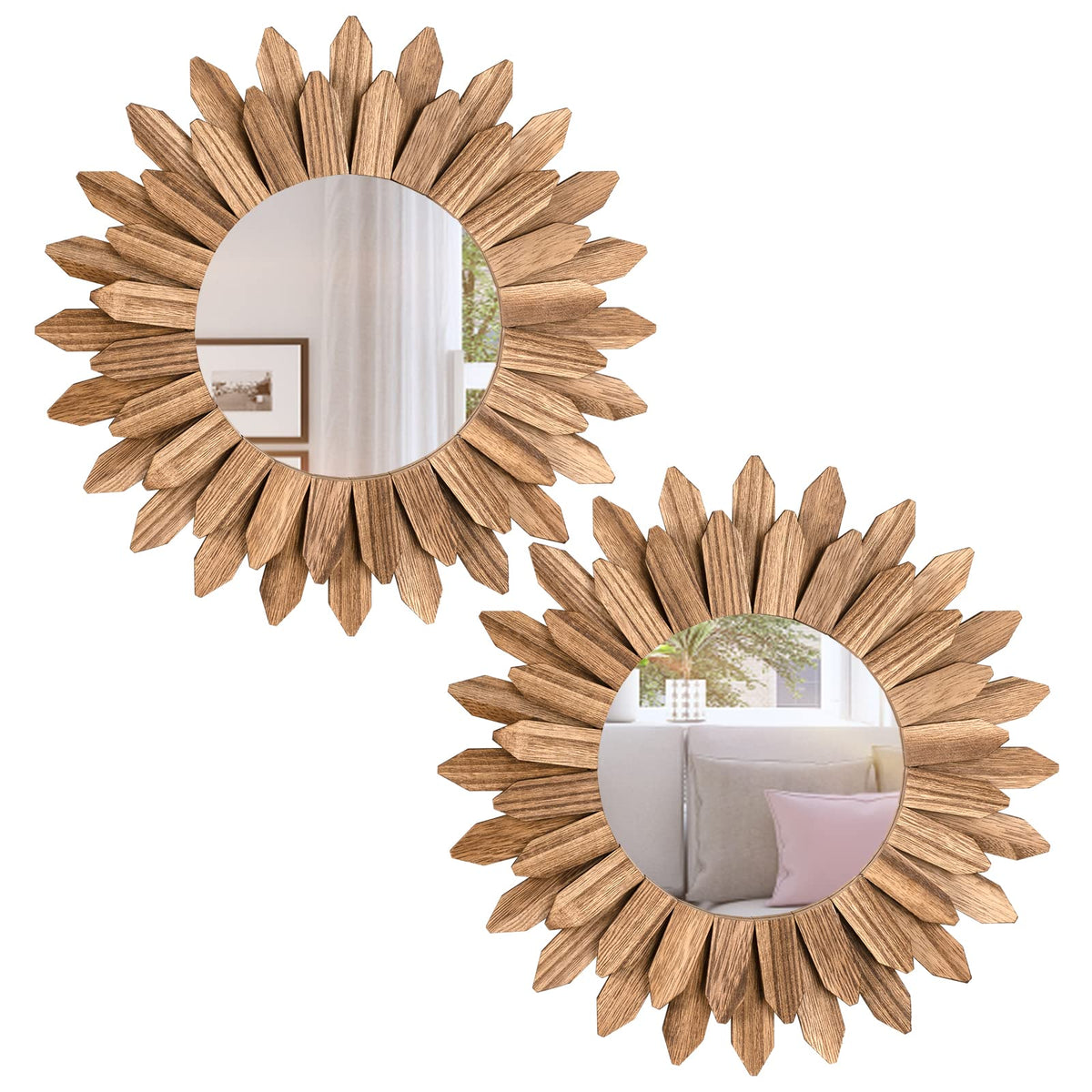 Honiway Wall Mirror Decorative 12 inch Rustic Wood Mirror Sunburst Boho Mirror for Entryway Bedroom Living Room Bathroom House Warming Gifts New Home Essential Carbonized Black