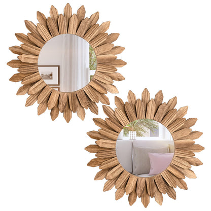 Honiway Wall Mirror Decorative 12 inch Rustic Wood Mirror Sunburst Boho Mirror for Entryway Bedroom Living Room Bathroom House Warming Gifts New Home Essential Carbonized Black