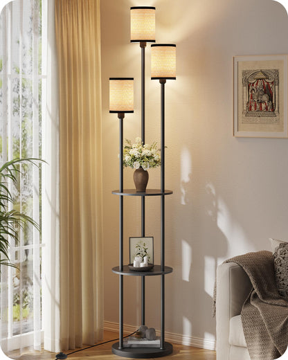 70.9" Floor Lamp with Shelves, Modern Floor Lamp with 3 Linen Shades and Foot Switch, 3-Light Standing Lamp, for Living Room, Bedroom, Study, Office, Rustic Brown and Beige EF53LD05