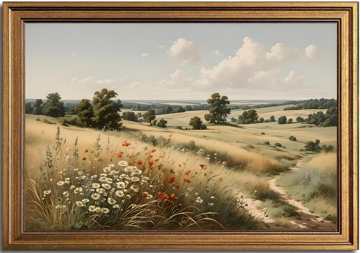KBKBART Gold Framed Mountain Landscape Wall Art, Rustic Hills Canvas Print