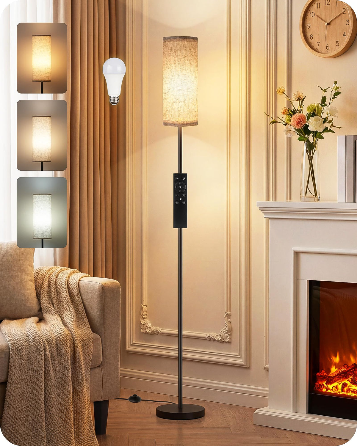 64.4” Slim Floor Lamp for Living Room with Magnetic Remote and Foot Switch, Dimmable Standing Tall Lamp Mood for Bedroom Nursery, 3 Color Temperatures, 1-Hour Timer,900LM Bulb Included,Beige E06LD05W1