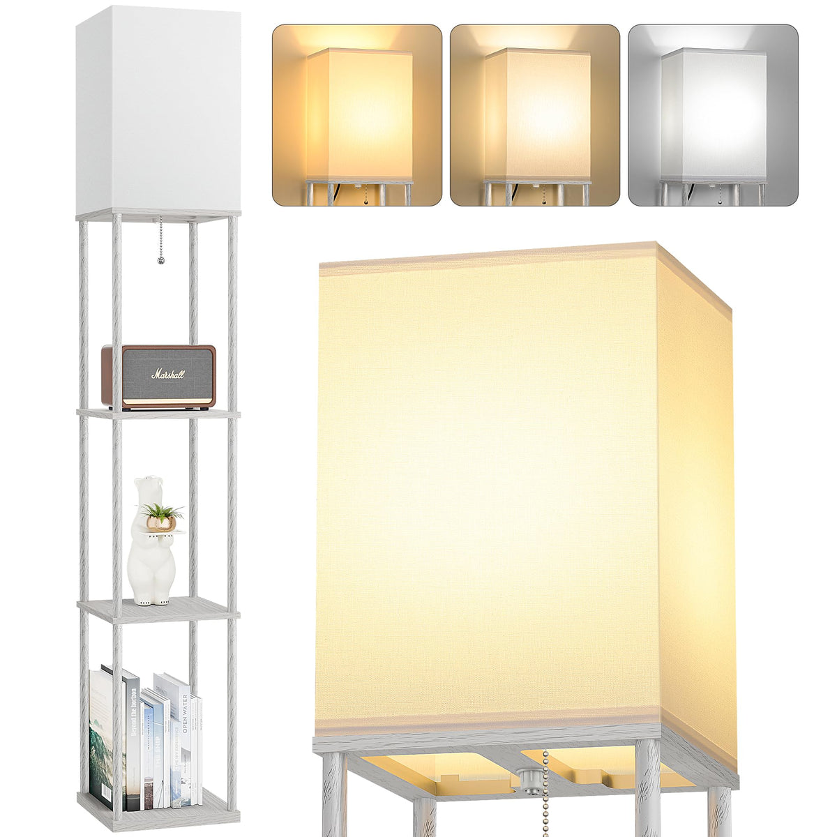 Floor Lamp with Shelves, 3-Tier Modern Square Bookshelf Standing Lamp Black