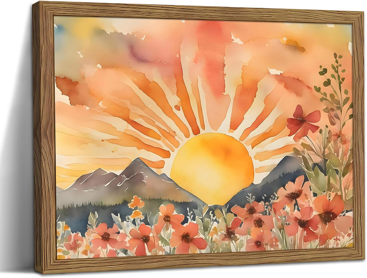 Framed Sunset Boho Wall Art for Living Room - Modern Abstract Floral Canvas Picture Boho Wall Decor, Sun Landscape Aesthetic Painting Poster Prints for Bedroom Home Office 12x16 inch