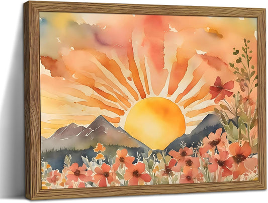 Framed Sunset Boho Wall Art for Living Room - Modern Abstract Floral Canvas Picture Boho Wall Decor, Sun Landscape Aesthetic Painting Poster Prints for Bedroom Home Office 12x16 inch