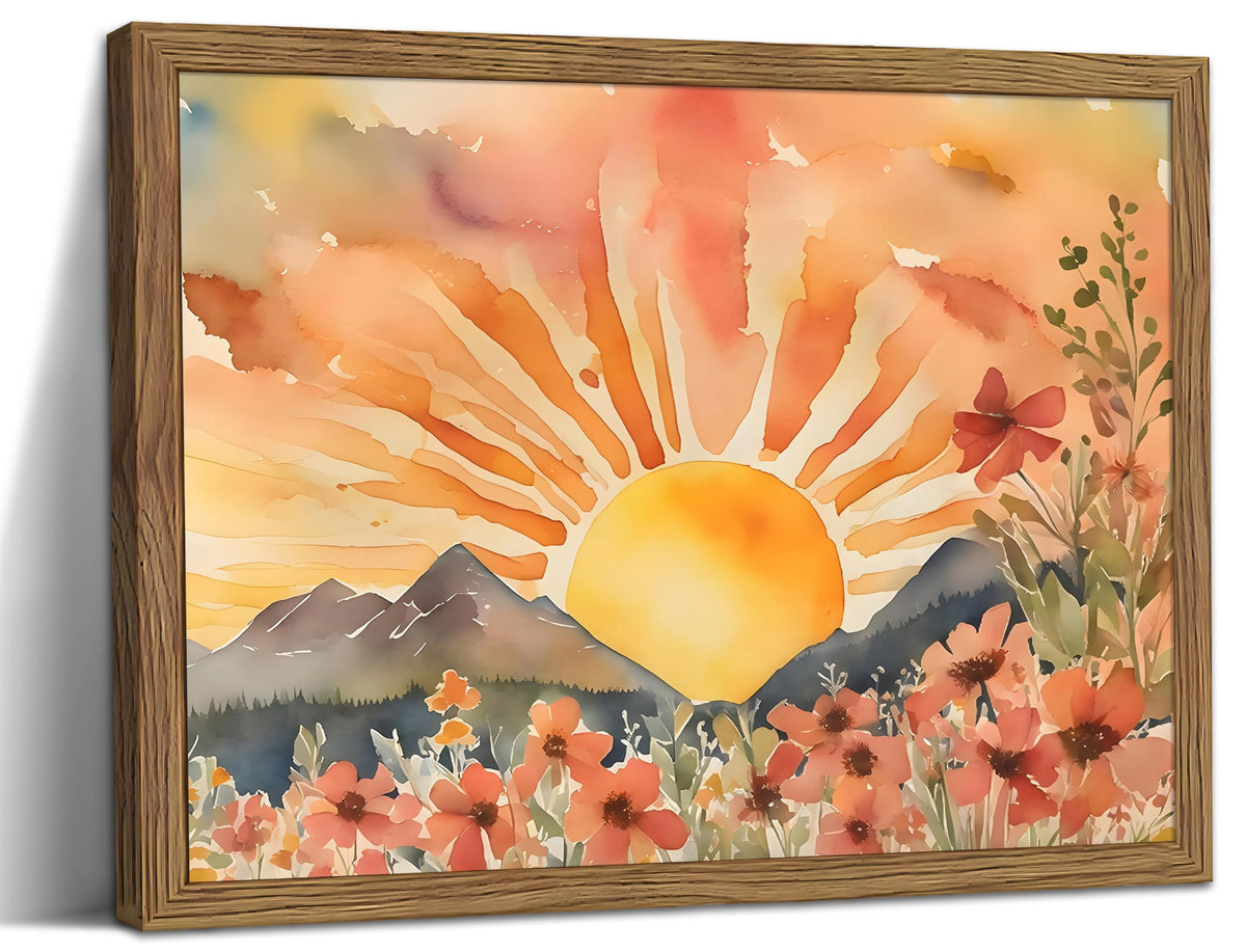 Framed Sunset Boho Wall Art for Living Room - Modern Abstract Floral Canvas Picture Boho Wall Decor, Sun Landscape Aesthetic Painting Poster Prints for Bedroom Home Office 12x16 inch