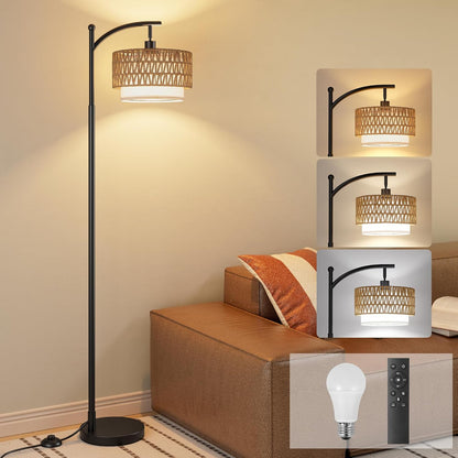 Ambimall Arc Floor Lamp with Remote & Rattan Double Shades, Black Rustic