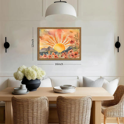 Framed Sunset Boho Wall Art for Living Room - Modern Abstract Floral Canvas Picture Boho Wall Decor, Sun Landscape Aesthetic Painting Poster Prints for Bedroom Home Office 12x16 inch