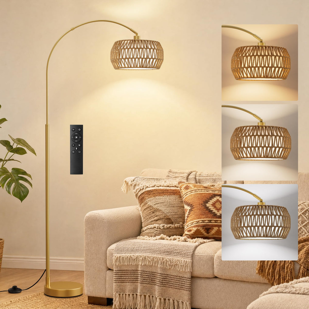 Ambimall Boho Arc Floor Lamp, Color Temperatures and Brightness Adjustable
